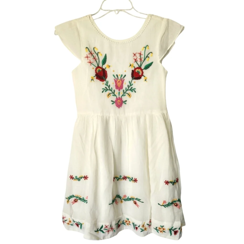 DERHY KIDS Gauzy Embroidered‎ Floral Bohemian 100% Cotton Dress Sz 10/12 Wedding